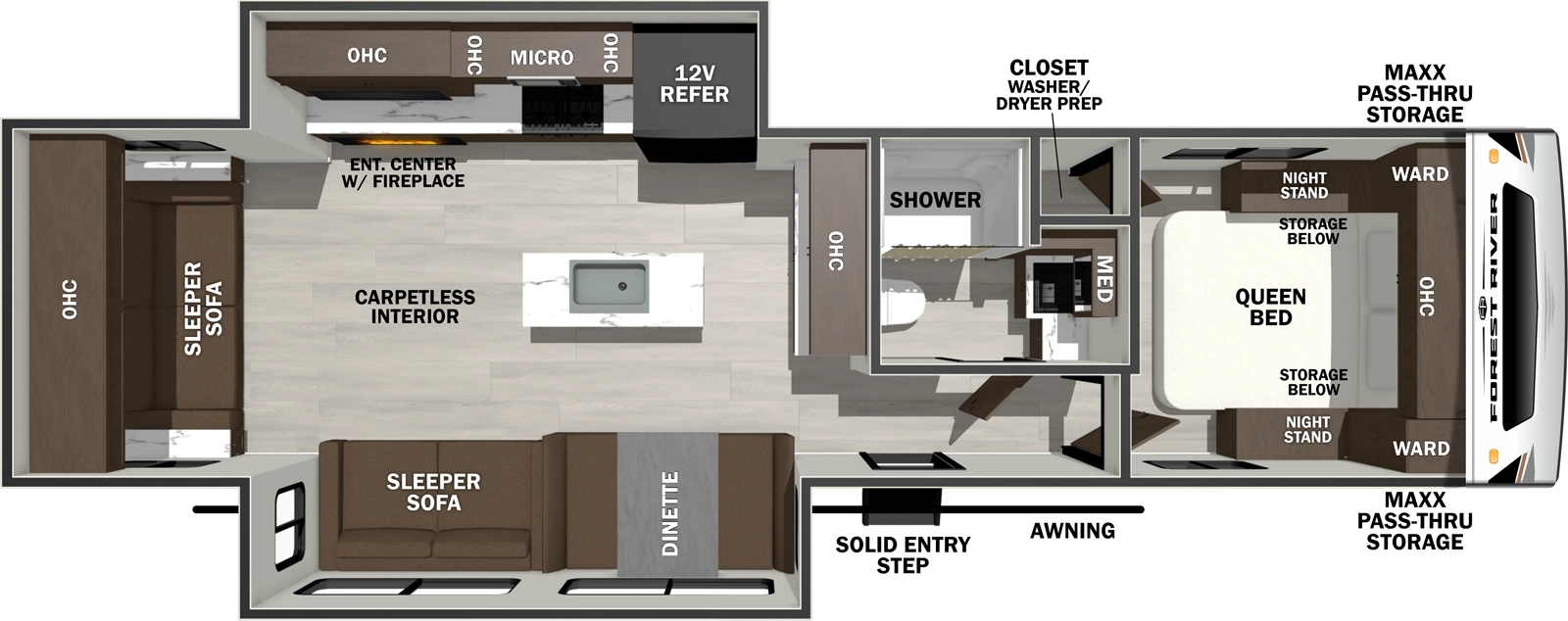 The Wildcat Travel Trailers 276RLX floorplan has one entry and two slide outs. Exterior features include: fiberglass exterior. Interiors features include: kitchen island, front bedroom and rear living.